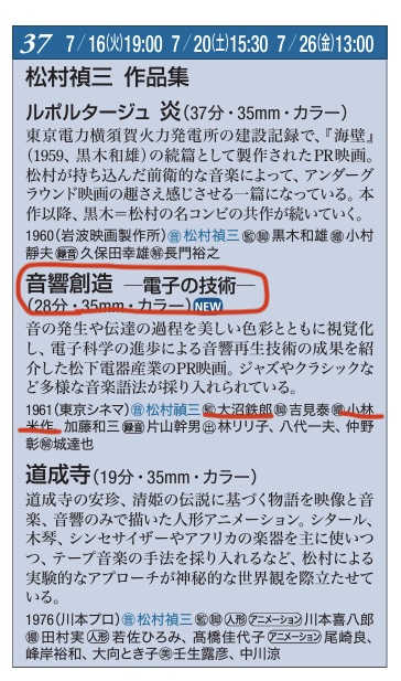 国立映画アーカイブ上映企画『日本映画と音楽1950年代から1960年代の作曲家たち』に『音響創造-電子の技術-』  監督：大沼鐡郎（鉄郎） 撮影：小林米作