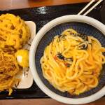 お盆に載った明太釜玉うどん・得、野菜かき揚げ、海老とほたてのかき揚げ、半熟玉子天の写真